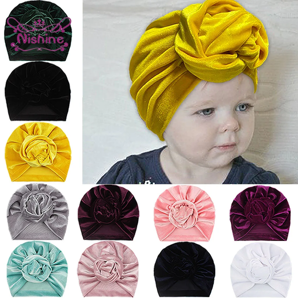 Gorro de terciopelo con nudo para niña, gorro de cobertura con flor rosa, turbante, accesorios para el cabello, 1 piezas