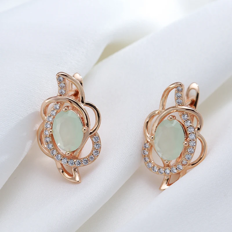 Kinel New Emerald Oval Cut Zircon Earrings 585 Rose Gold Color Clip Earring Inlay Natural Zircon Crystal Flower Party Jewelry