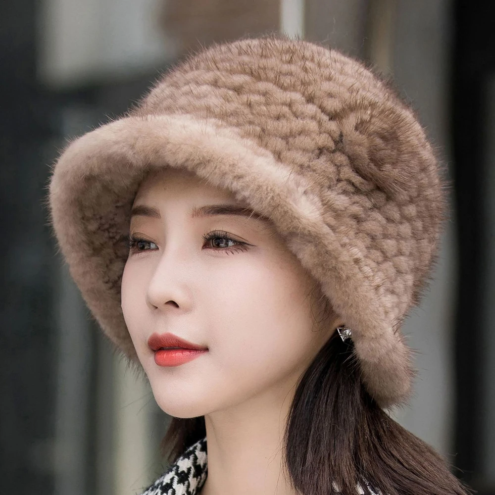 Woman Hat Winter Solid Mink Caps With Flower Natural Mink Fur Hats New Russian Girl Soft Knitting Real Fur Bucket Hats 2024 Warm