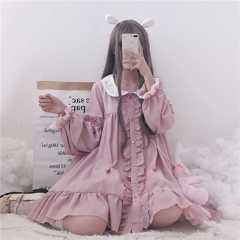 KOSAHIKI 2024 Summer Cute Dress Women Harajuku Pink Ladies Ruffle Lace Patch Kawaii Dresses Lolita Cosplay Sweet Loose Vestidos