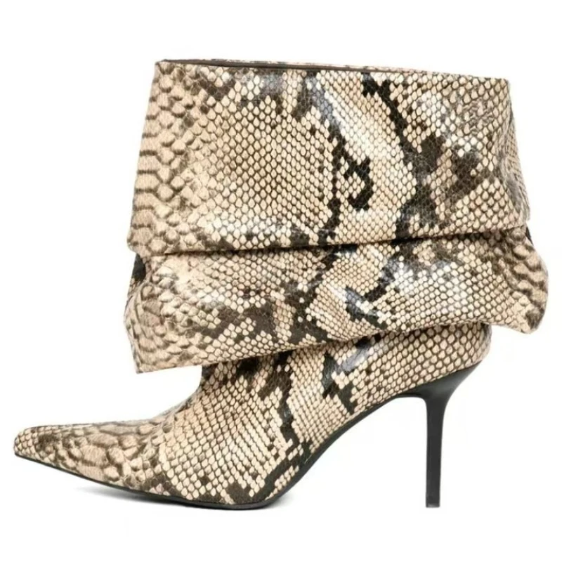 

European AndAmerican Nichesexy Snakepattern Pointedpleated Fashionstage Walkingboots Forwomen,slim High Heels,black Short Boots