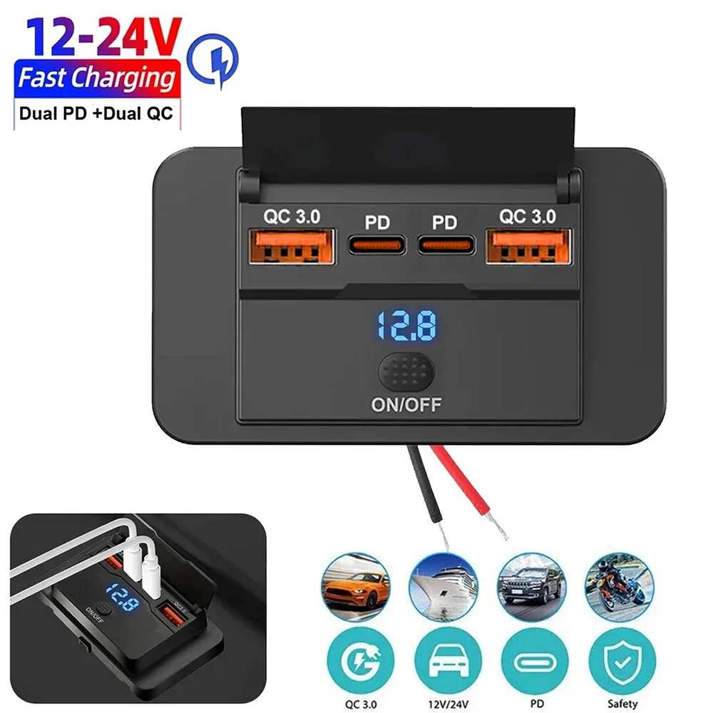 Auto-Ladeadapter mit Schalter, 4 Anschlüsse, 12V/24V, PD QC3.0, schnelles Laden, USB-Verteiler für Auto, Bus, Wohnmobil, LKW, Motorrad