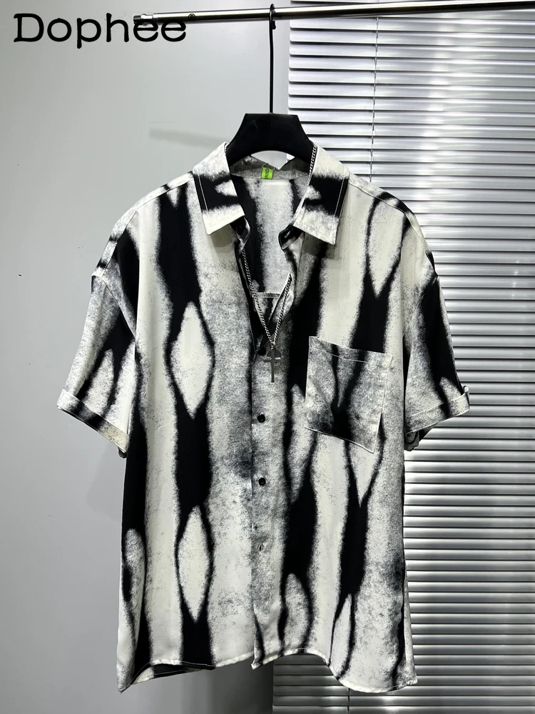 Men's 2025 Summer New Thin Original Personality Irregular Printed Tops Loose Handsome Shirts Men's Trendy Contrast Color Shirts