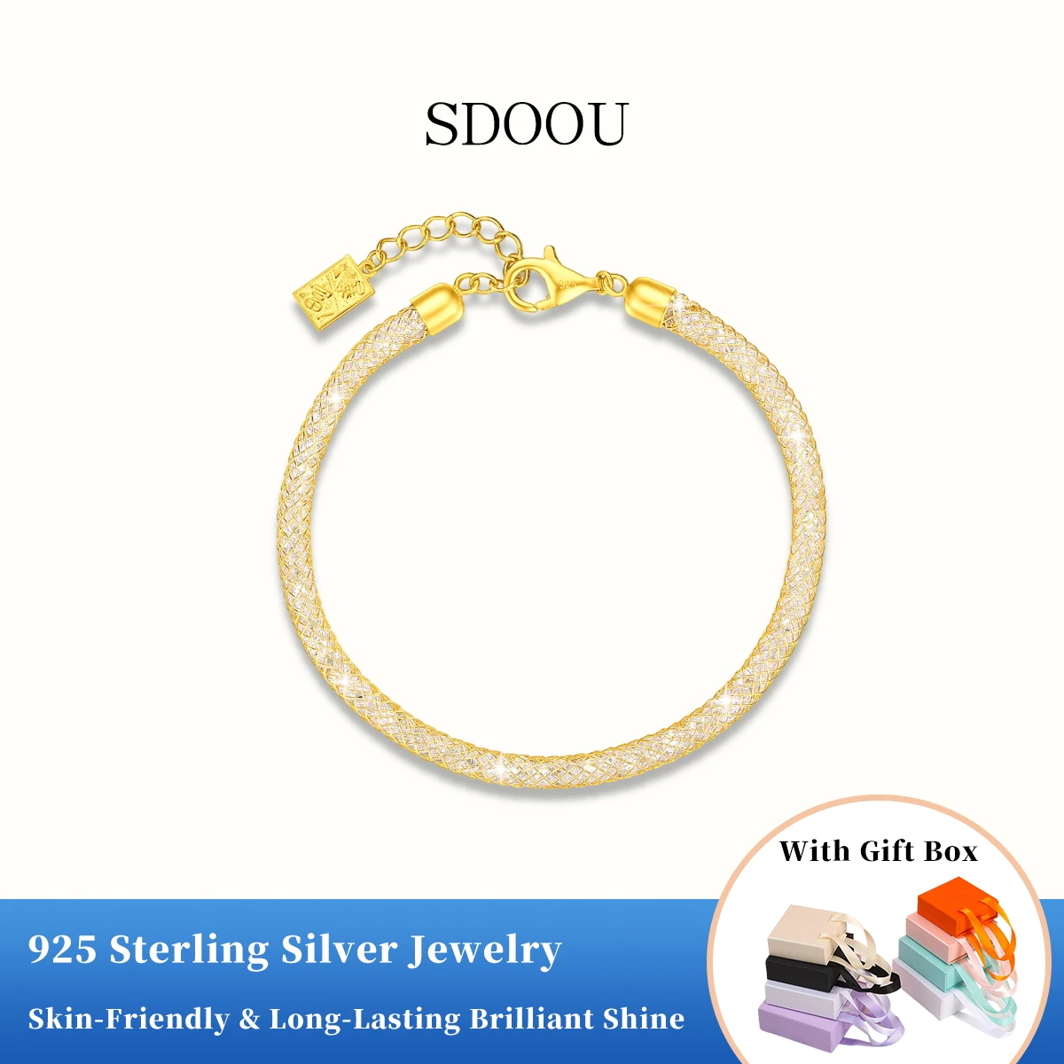 

SDOOU Minimalist 2 Color Mesh Cubic Zirconia Couple Bracelet 925 Sterling Silver Adjustable Bangle For Men Women Birthday Gift