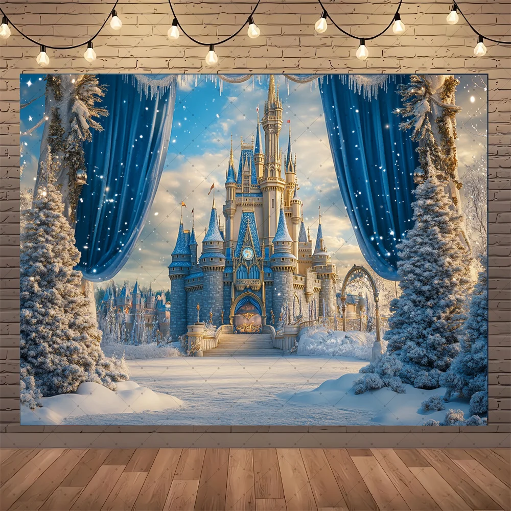 

Girls Frozen Birthday Party Decoration Backdrop Princess Castle Blue Curtain Photozone Background Personalized Photography Props