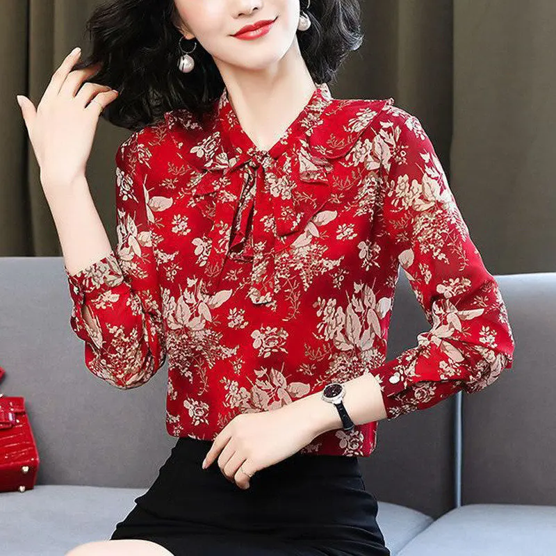 Vintage Ruffle Lace Up Floral Print Elegant Chic Sweet Chiffon Shirts Women Spring Autumn Fashion Long Sleeve Commute Blouse Top