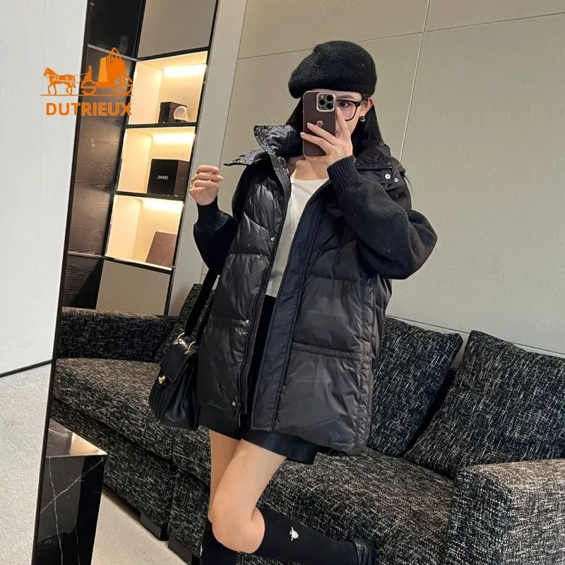 2024 Winter New Coat for Women, Simple and Elegant Splicing Cashmere Hooded Mid-length Down Jacket Top, Loose Version for Warmth