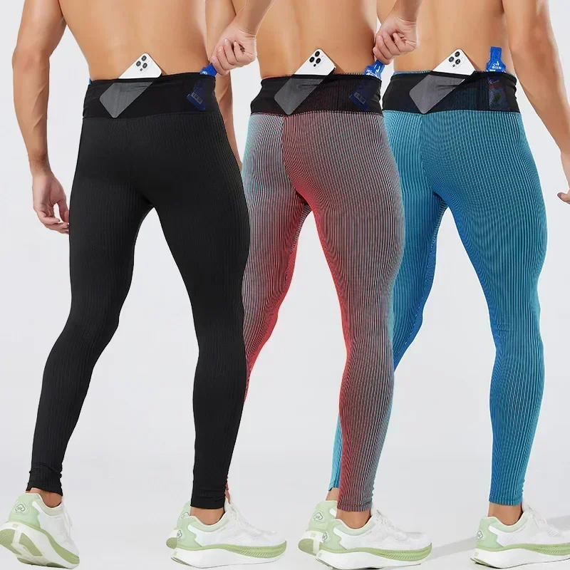 Mężczyźni kobiety maraton bieganie w terenie treningowe spodnie kompresyjne szybkoschnące rajstopy legginsy sportowe Fitness męski pas biodrowy kieszeń na torbie
