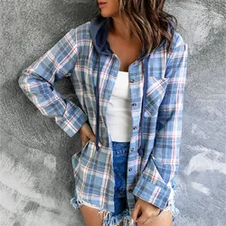 2023 Spring Autumn Plaid Shirt Blouses Women Hooded Button Up Shirt Female Ladies Autumn Loose Checkered Shirt Top For Women