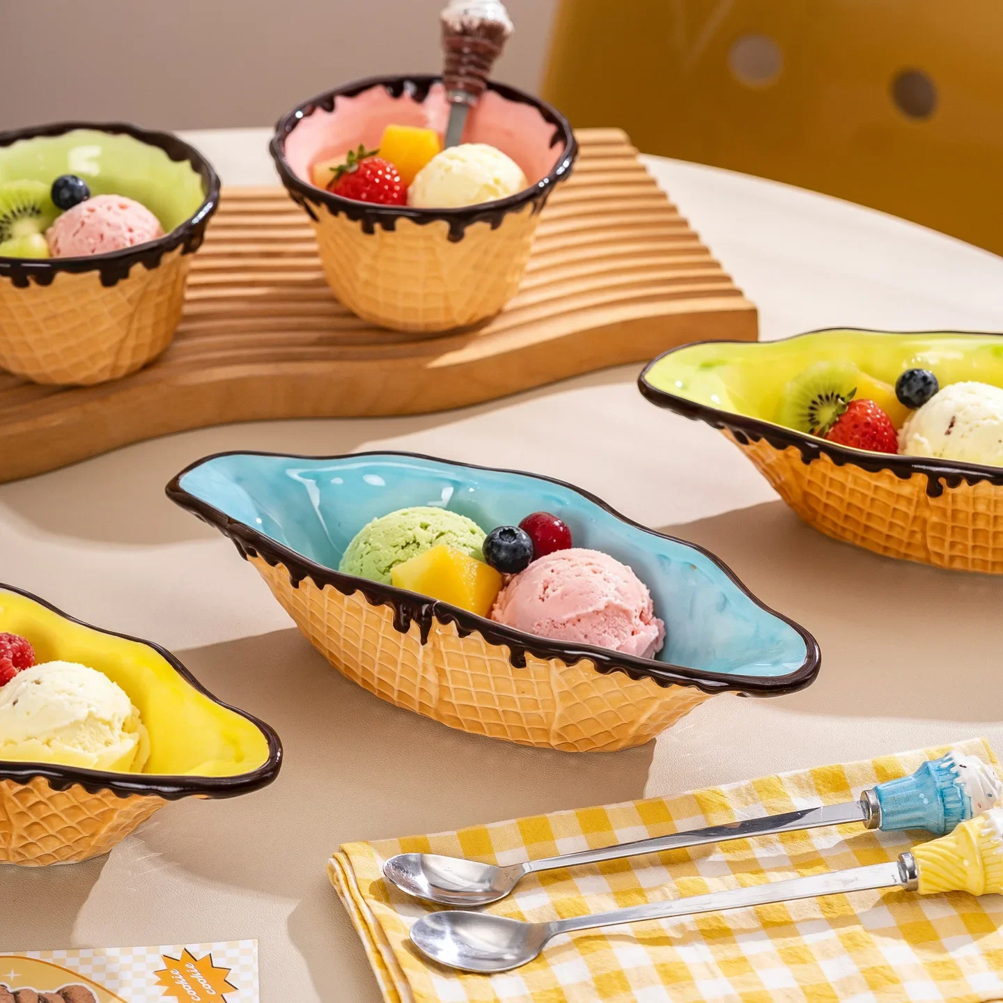 DSA Creative Ceramic Dessert Bowl Ice Cream Rectangle Plate Snowball Plate Cute Tableware High Value Salad Bowl Yogurt
