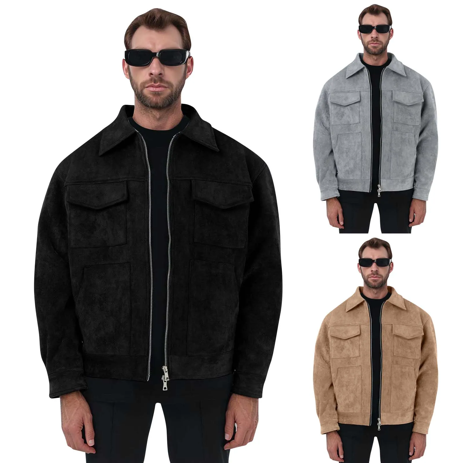 

YHOPE Men's Solid Color Lapel Jacket Casual Comfort Thickened Zipper Large Pocket Jacket