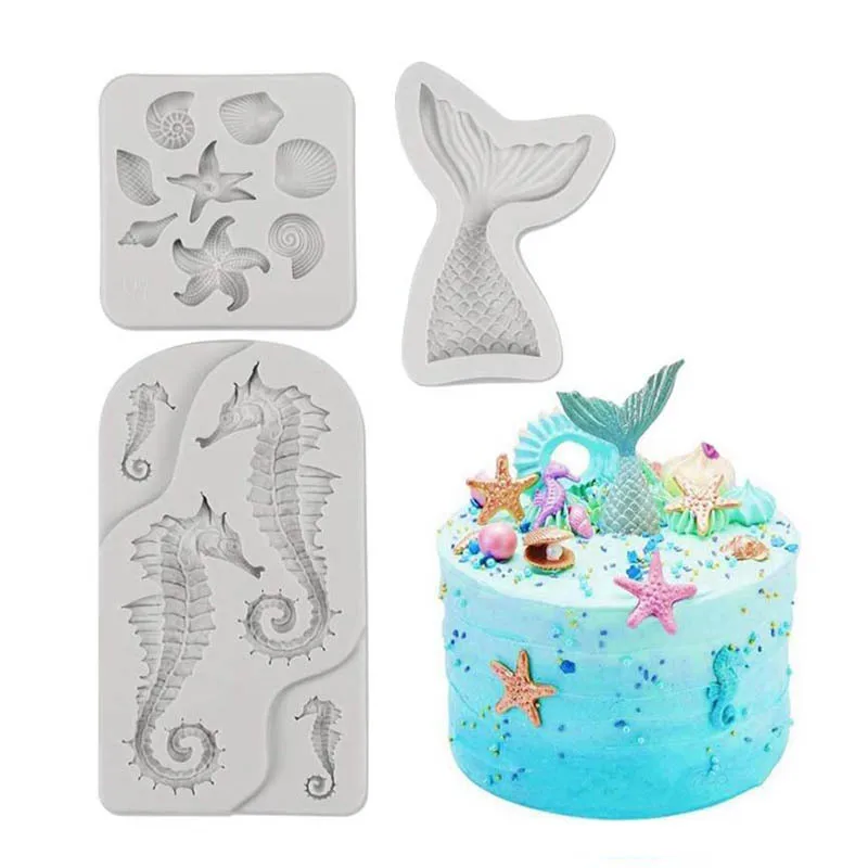 3D Ocean Silicone Mold Lovely Shell Shape Starfish Conch Fish Mermaid Tail Mold Cake Decorating Tool Clay Resin Art Baking Mould