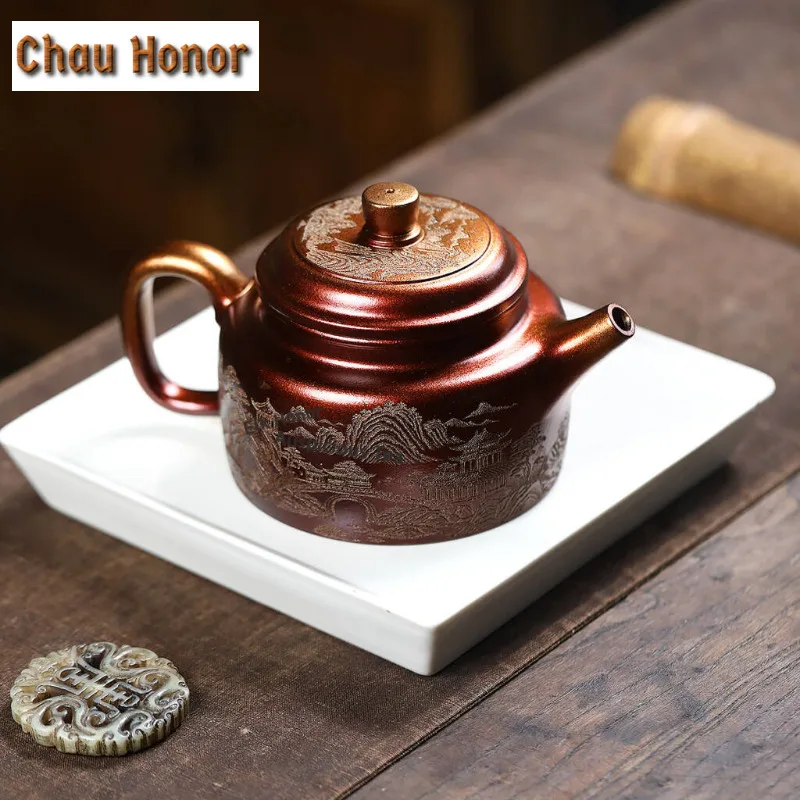 460ml High-end Yixing Purple Clay Teapots Handmade De Zhong Pot Raw Ore Shell Burning Mud Kettle With Strainer Zisha Tea Set