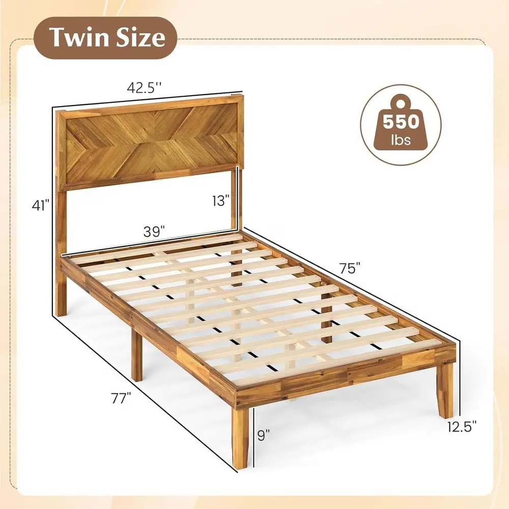 Acacia Wood Twin Platform Bed Frame with Headboard for Kids, 12 Slat Support, Space-Saving Design, No Box Spring Needed, Rustic
