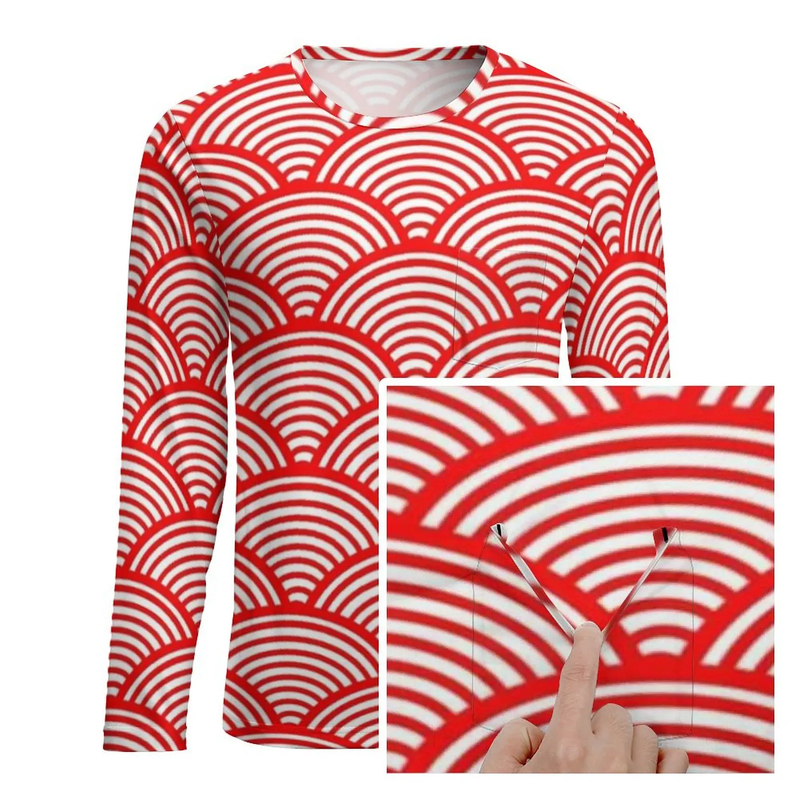 Red Seigaiha T Shirt Man Japanese Waves Classic T Shirts Spring Cool Tees Long Sleeve Design Plus Size Clothing