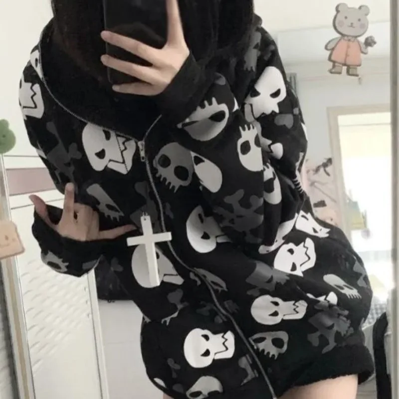 Cyberpunk Y2k Skull Printed Sweatshirt Women Mall Goth Harajuku Long Sleeve Zipper Cardigan Hoodie Emo Alt Indie Clothes