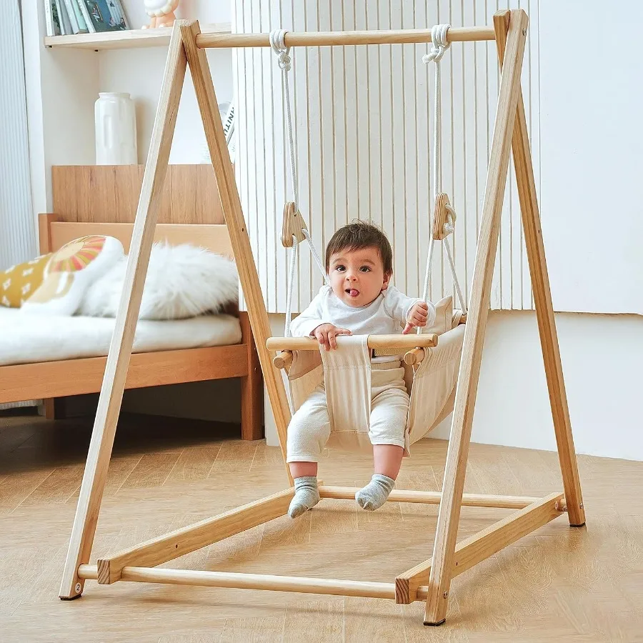 

Indoor Foldable Swing Set for Toddlers 6m-3Yrs - Premium Montessori Waldorf Style Self-Standing Swing with Stand in Natural Woo