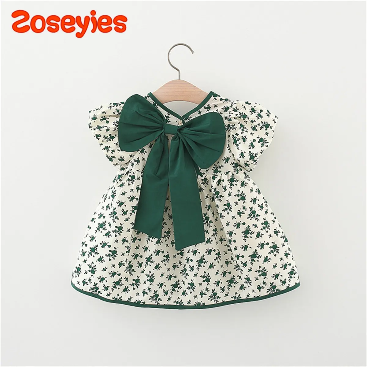 Summer baby girl\'s dress floral big bow decorative bubble sleeve knee-length daily cotton skirt