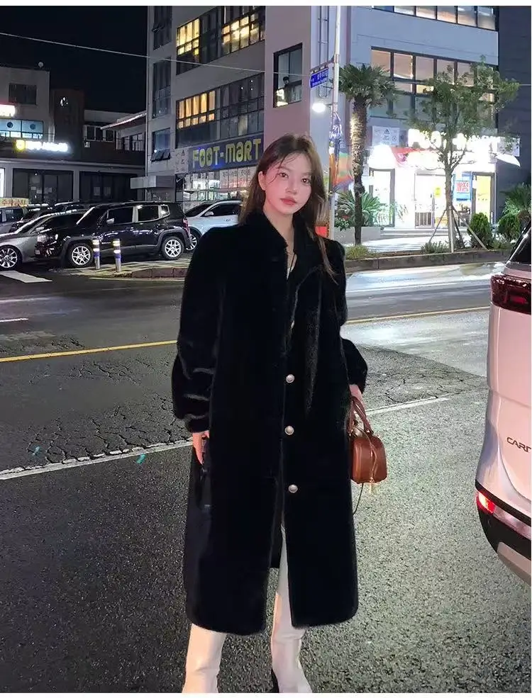 المرأة رقيق أسود طويل فو الفراء سترة عادية الصلبة الوقوف طوق واحدة الصدر فضفاض معطف دافئ سيدة الشتاء اليومية الشارع معاطف