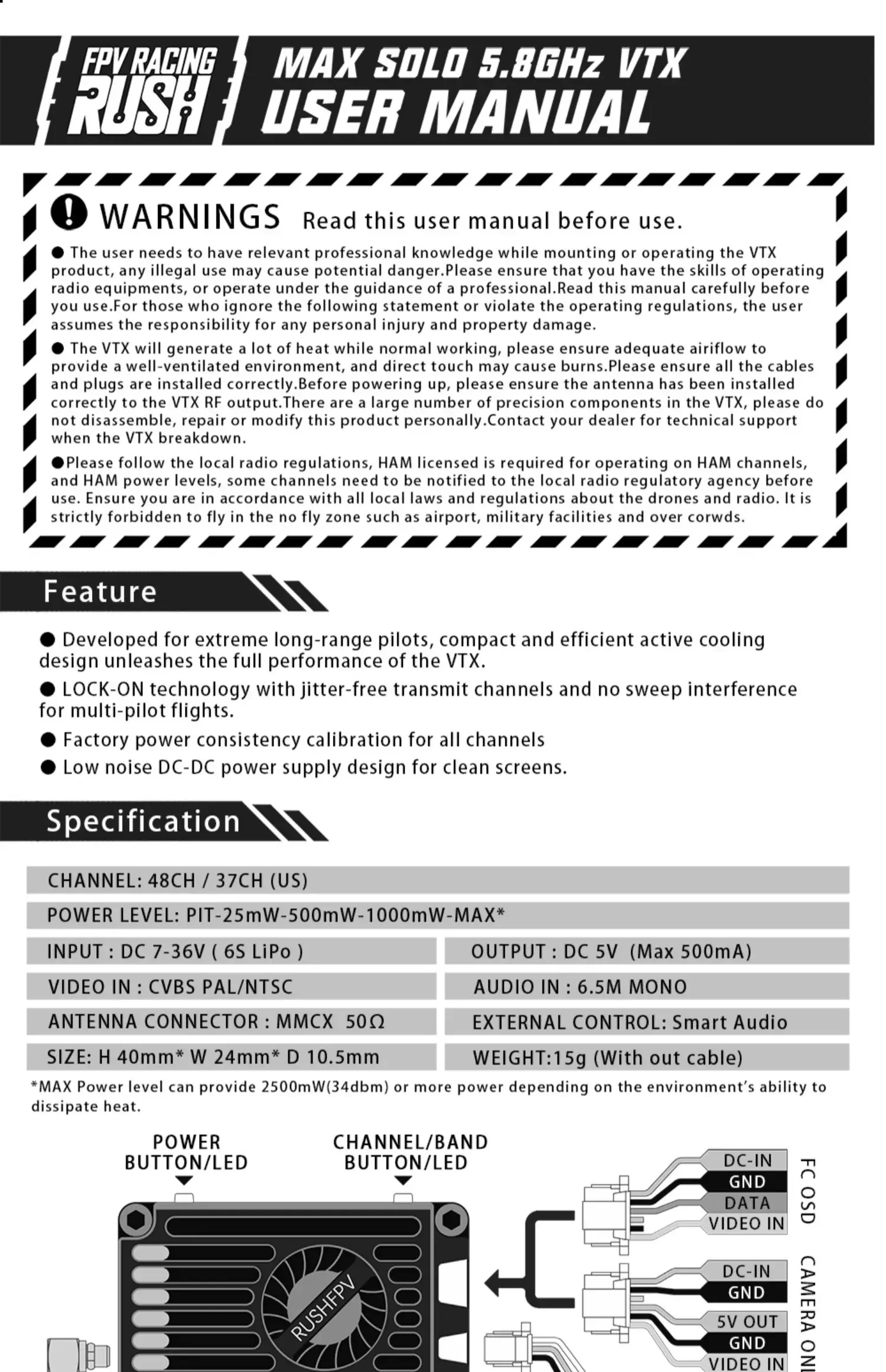 RUSH TANK MAX SOLO Trasmettitore video VTX ad alta potenza da 5,8 GHz 2,5 W 48 canali con guscio CNC per RC FPV a lungo raggio