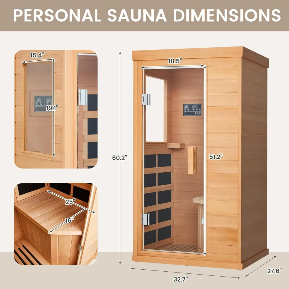 Sauna infrarroja para 1 persona, Sauna infrarroja de espectro completo, Sauna seca interior con 4 paneles calefactores, Bluetooth y vidrio templado, 110V