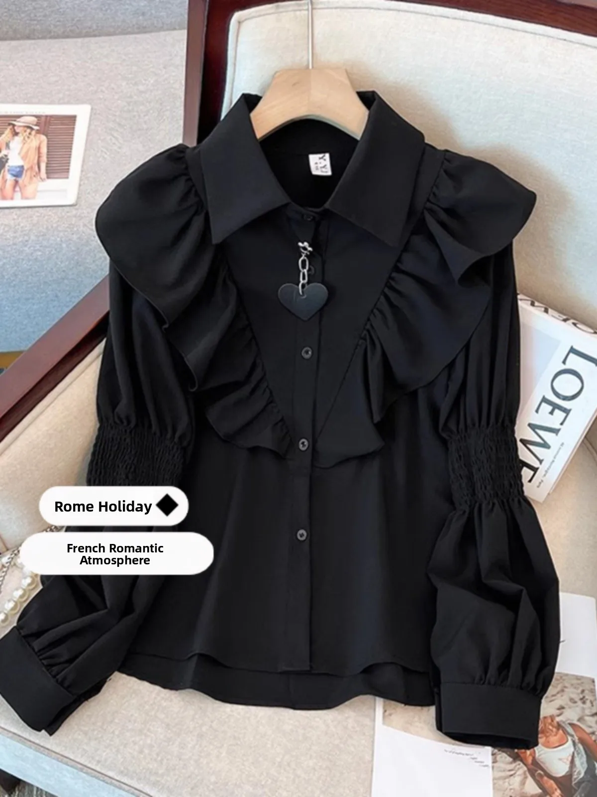 

Black Lantern Sleeve Shirt Women's Long Sleeve Spring New plus Size Fluffy MM Slimming Fashionable Korean Style Loose Fit