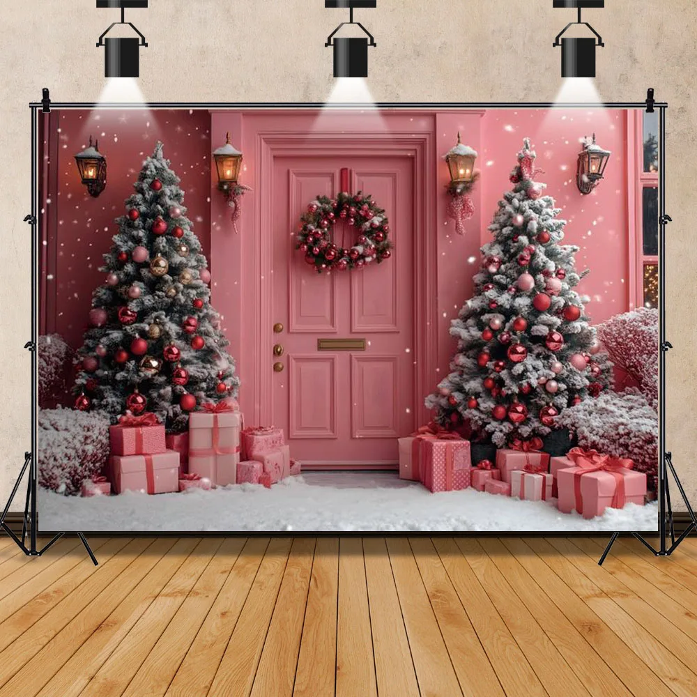 الوردي عيد الميلاد متجر خلفية الشتاء الوردي شجرة عيد الميلاد كرات هدية مربع ندفة الثلج الأسرة عطلة حزب ديكور التصوير الخلفية