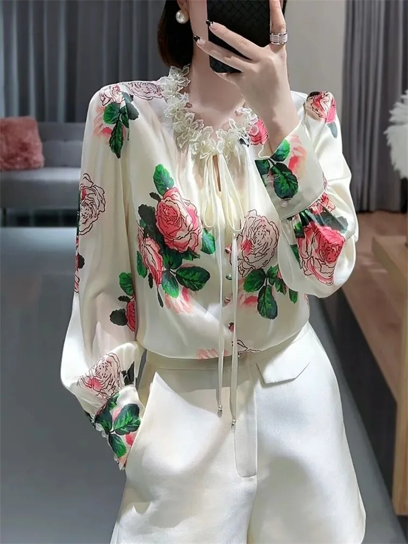 Women\'s clothing Shirts and Blouses High-grade Stand-up Collar Rose Silk-like top Ladies Lace-up Printed Shirt Loose Shirt