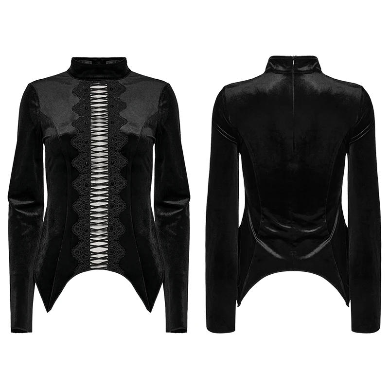فاسق الهذيان المرأة القوطية لينة مشمس المخملية تي شيرت الوقوف طوق تصميم شخصية وأشار هيم جوفاء الدانتيل ترصيع القمم السوداء #4