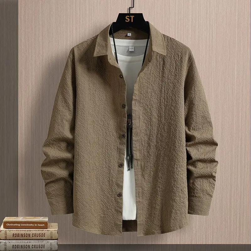 

2024 Autumn American Retro Bubble Cloth Long Sve irt Men's Texture Collar irt Jaet Stand Fit Youth Faion Polyes...