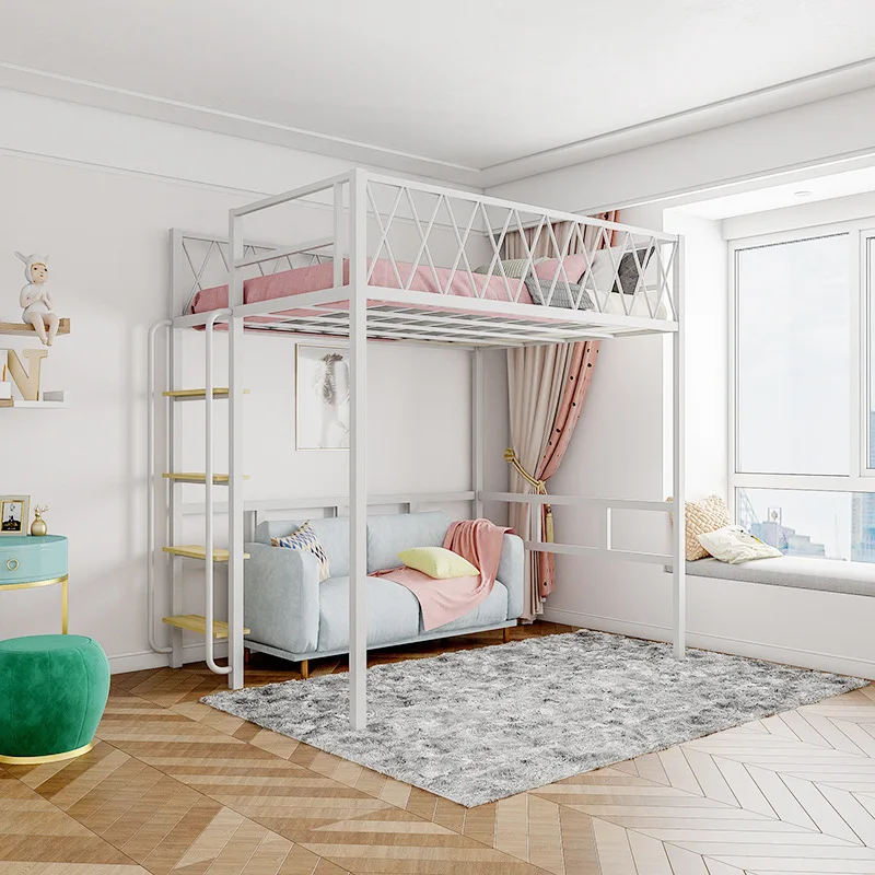 Small apartment space loft bed duplex second floor wrought iron elevated bed wardrobe integrated hanging type 3