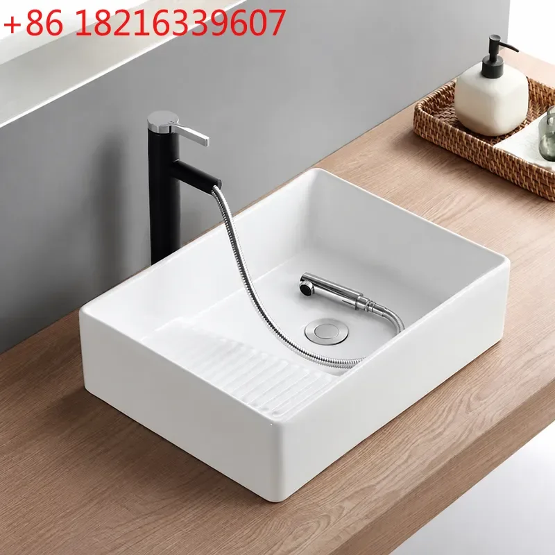 YAOCeramic Laundry Basin with Rubbing Board for Balcony Single Sink Pool with Side Drain Left or Right Sewer Slot Wash Basin