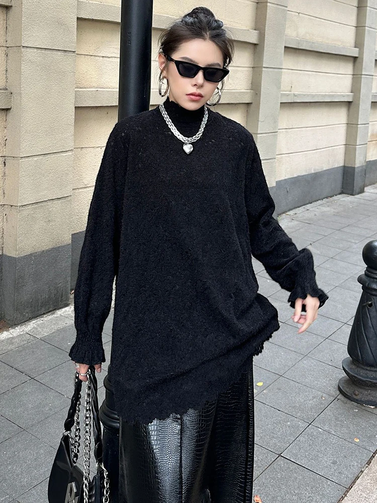 [EAM] Women White Lace Elegant Big Size Casual T-shirt New Turtleneck Long Sleeve Fashion Tide Spring Autumn 2024 1DH7910