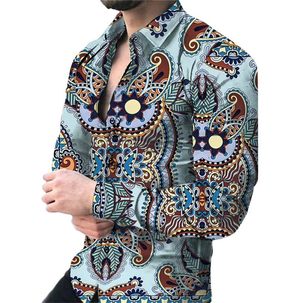 New Retro Men's Lapel Shirt Men's Exquisite Ethnic Print Slim Shirt New Fall Fashion Office Long-sleeved Blouse Elegant Shirt，