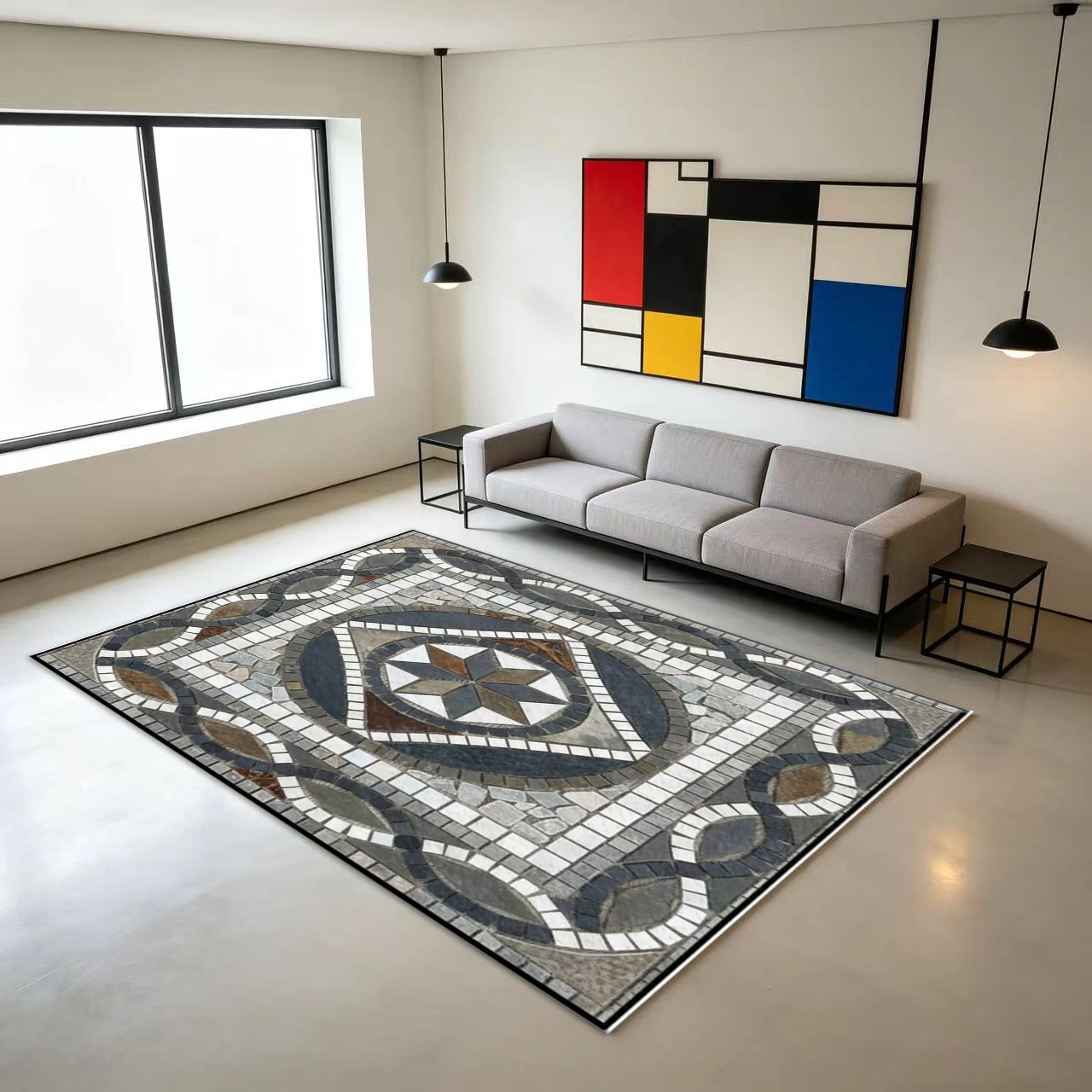 Mosaic Stone Pattern Square Area Rug Retro Geometric Decorative Floor Carpet for Living Room Bedroom Indoor Home Decor