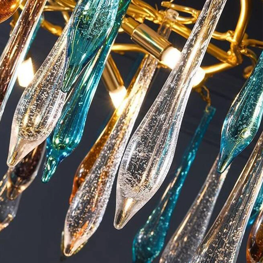 

L60cm Luxury Modern Brass Chandelier with Colored Glass Drops Adjustable 200cm Suspension Cable
