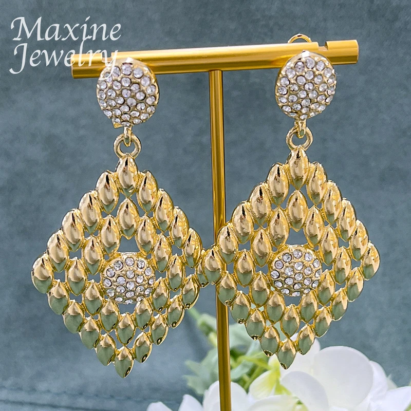 Luxury Dubai 24K Gold Plated Jewelry Set Necklace Earrings Bracelet Rings Eardrop Rhinestone Female Wedding Party Gift for Women