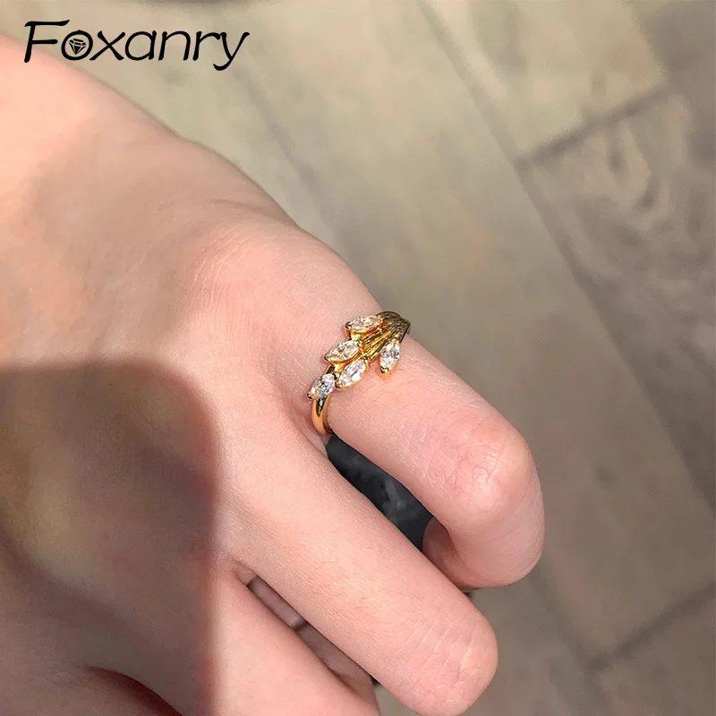 Foxanry Wheat Geometric Zircon Rings For Women Girls Creative Design Elegant Fashion Gentle Engagement Jewelry Accessories Gifts