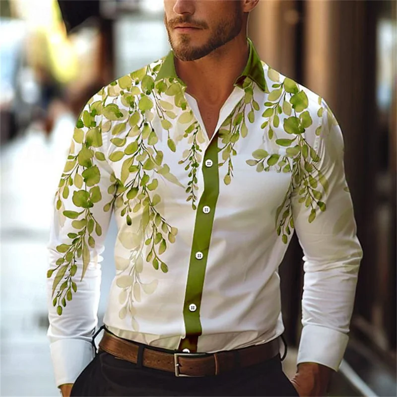 Men\'s Leaf Vine Print Long Sleeve Shirt Lapel Street Resort Wear Fashionable Casual Hawaiian Shirt Top