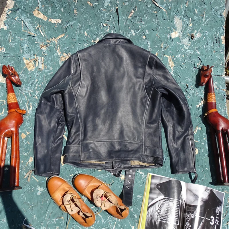 Double-Color Faded Leather Jaet Soft Top Layer Deer Skin Men's Belted Biker Faion Collar Sle ort Slim Fit Casual Coat