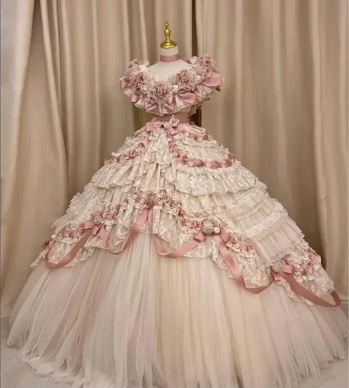 Robe de Bal du Milieu du Siècle, Rose et Blanc, Corset Lolita Nette, Applique Florale 3D, Personnalisée, Éducative