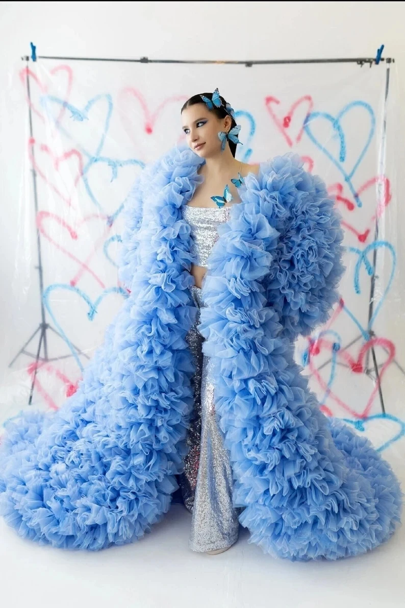 Amazing Sky Blue Voluminous Tulle Long Jackets Ruffles Trimmed Tulle Full Sleeves Women Vest Outwear Outfit Long Maxi Gowns