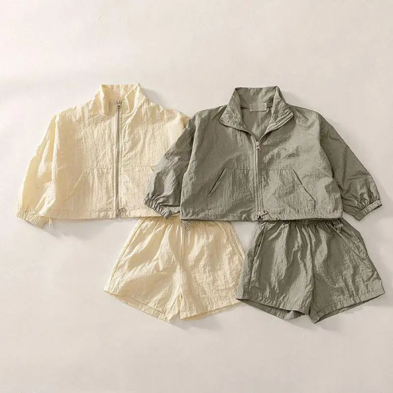 2026年夏新作ベビー長袖服セット-男の子-女の子-無地ジッパーコート＋ゆったりショートパンツ-2点セット-キッズ-幼児-カジュアルウェア