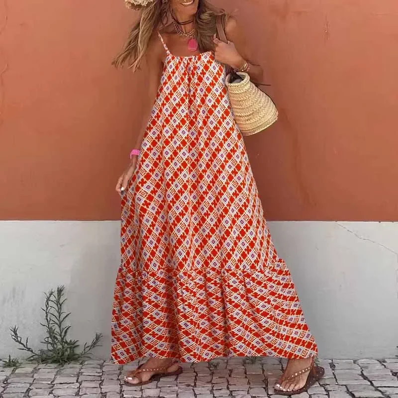 Women Summer Casual Loose Dresses Bohemian Floral Sleeveless Maxi Dress Sexy Spaghetti Strap Backless Sundress Beach Vacation