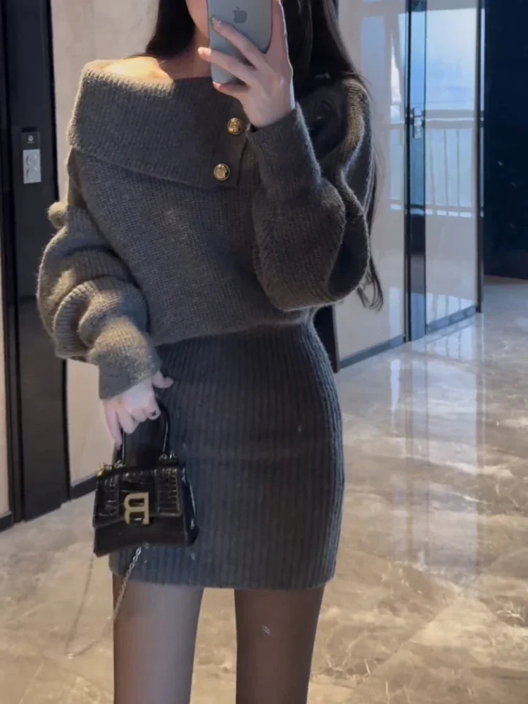 2024 New Autumn/Winter Women\'s Knitted Dress Black Grey Mini Fashion Off Shoulder Bag Hip Sweater Dress A118