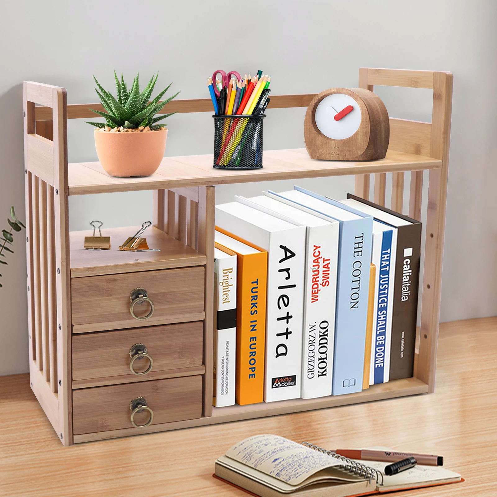 

3 Drawers Desktop Storage Shelf Bamboo Desk Bookshelf Desktop Organizer Tabletop Display Organizer