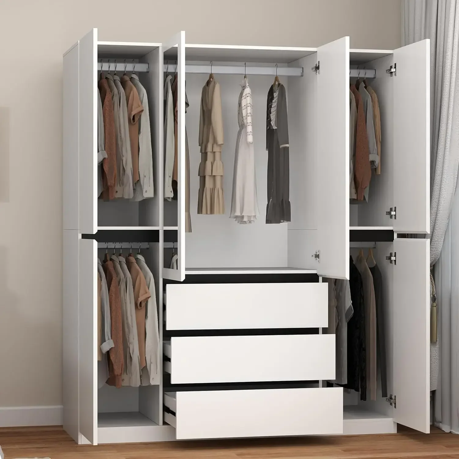 6 Door Armoire Wardrobe Closet with Large 3 Drawers & 2 Mirror, Wooden Bedroom Armoires with Shelves and Hanging Rod