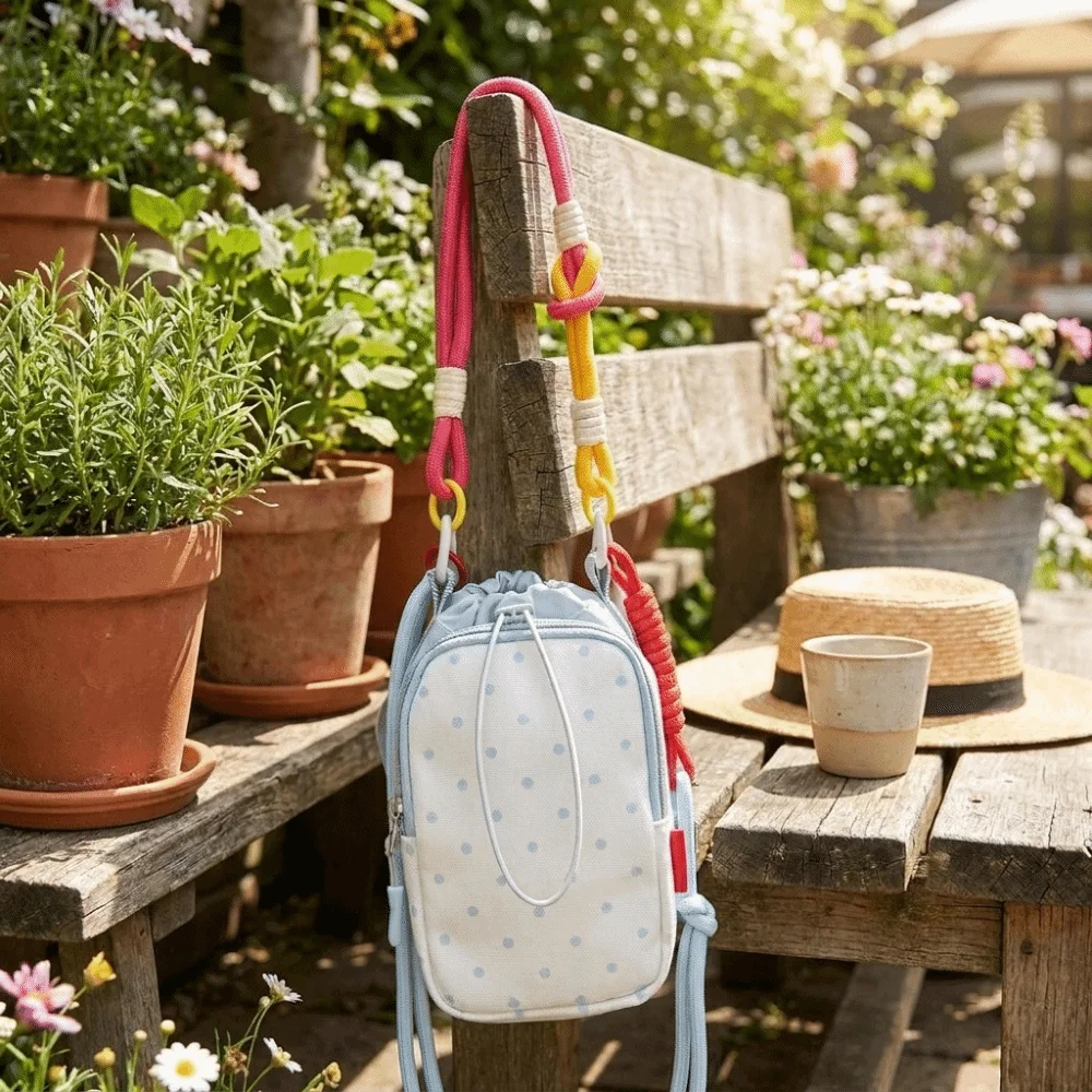 Colorful Rope Water Bottle Crossbody Bag Polka Dot Adjustable Strap Drawstring Sling Bag Lightweight Portable
