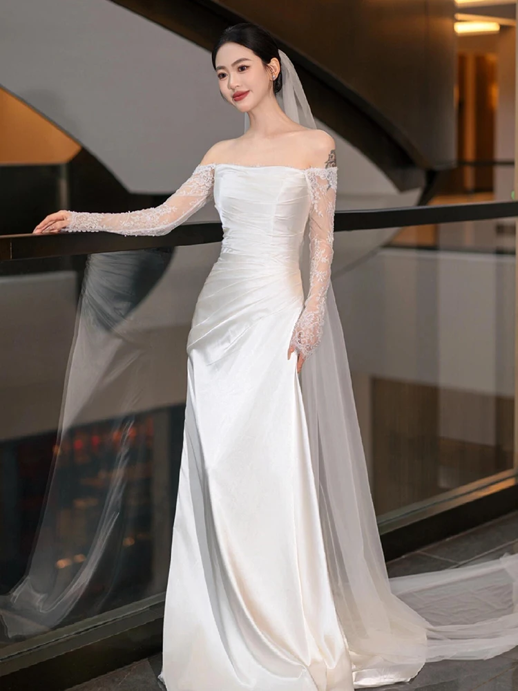 

Ele Lace Long Sve One oulder Wedding Dr Bridal Gown Fi Tail White Dr for Outdoor Ceremony Soft Satin Fabric