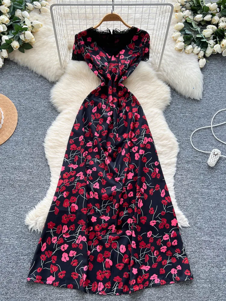 Ele dentelle épissure v-ne ort Sve imprimé fleuri Dr femme taille haute a-ligne Midi Dr été Faion Sense Long Dr